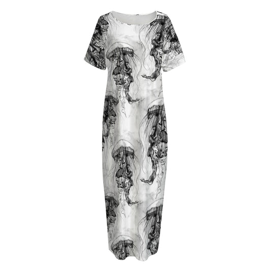Black And White Jellyfish Pattern Print Short Sleeve Long Nightdress