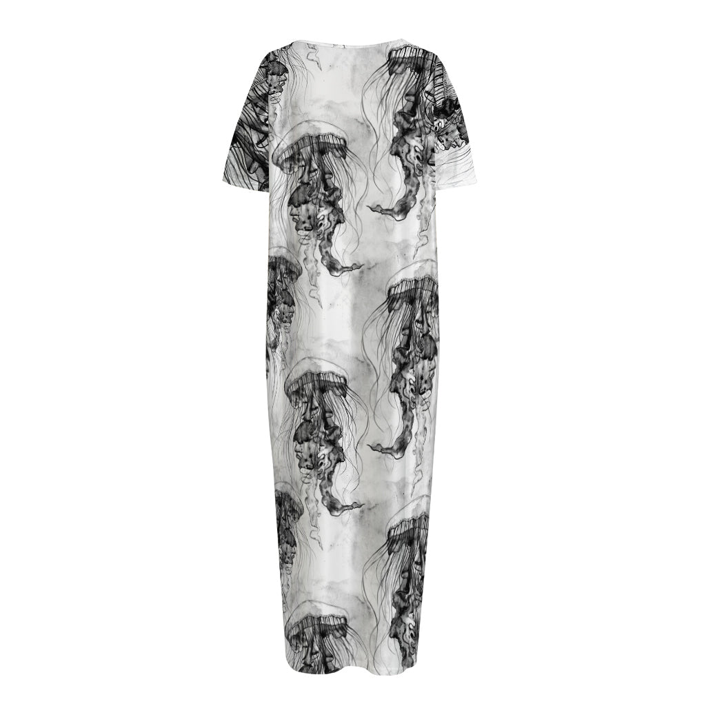 Black And White Jellyfish Pattern Print Short Sleeve Long Nightdress