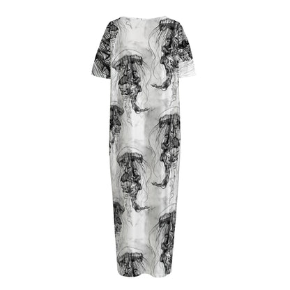 Black And White Jellyfish Pattern Print Short Sleeve Long Nightdress