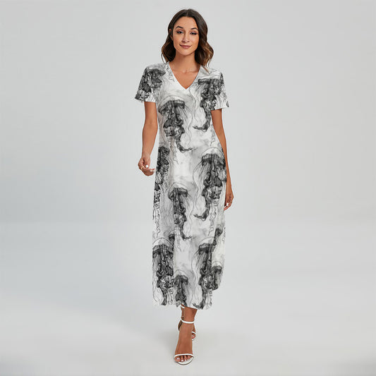 Black And White Jellyfish Pattern Print Short Sleeve Maxi Dress