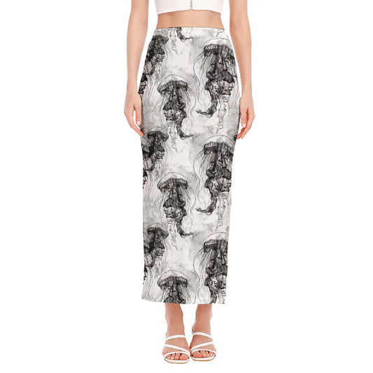 Black And White Jellyfish Pattern Print Side Slit Maxi Skirt