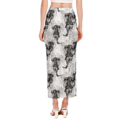 Black And White Jellyfish Pattern Print Side Slit Maxi Skirt