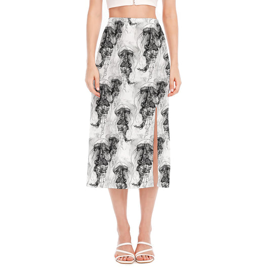 Black And White Jellyfish Pattern Print Side Slit Midi Skirt