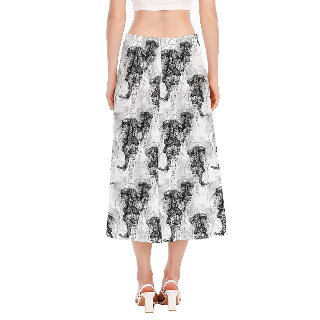 Black And White Jellyfish Pattern Print Side Slit Midi Skirt