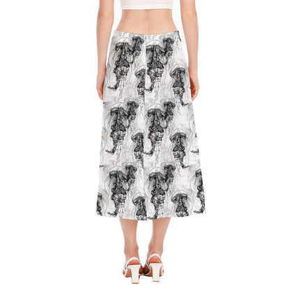 Black And White Jellyfish Pattern Print Side Slit Midi Skirt