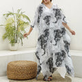 Black And White Jellyfish Pattern Print Silk V-Neck Kaftan Dress