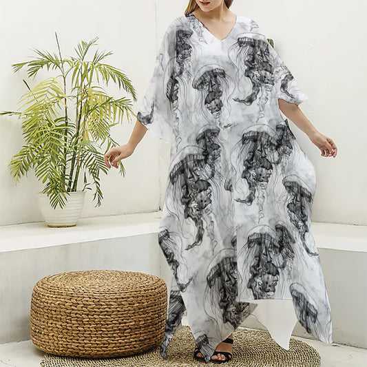 Black And White Jellyfish Pattern Print Silk V-Neck Kaftan Dress