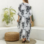 Black And White Jellyfish Pattern Print Silk V-Neck Kaftan Dress