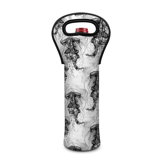 Black And White Jellyfish Pattern Print Single Neoprene Wine Tote
