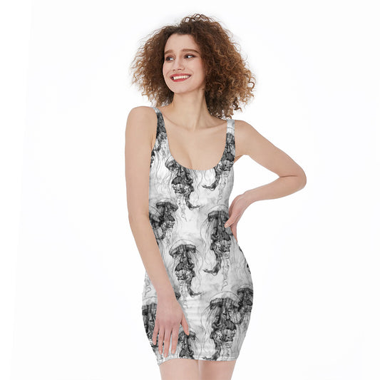 Black And White Jellyfish Pattern Print Sleeveless Bodycon Dress