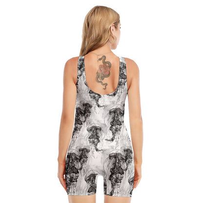 Black And White Jellyfish Pattern Print Sleeveless One Piece Swimsuit
