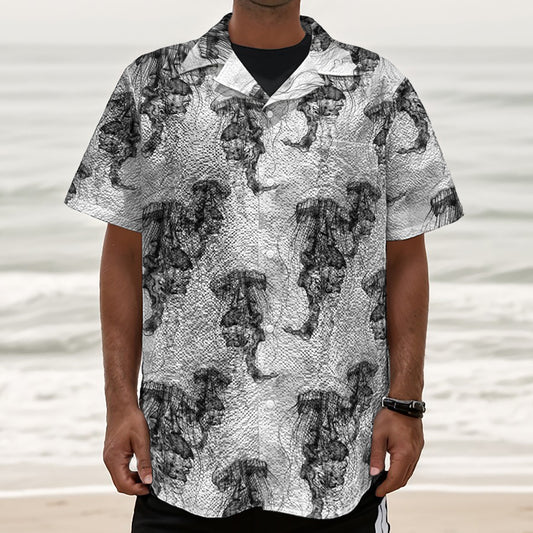 Black And White Jellyfish Pattern Print Textured Short Sleeve Shirt