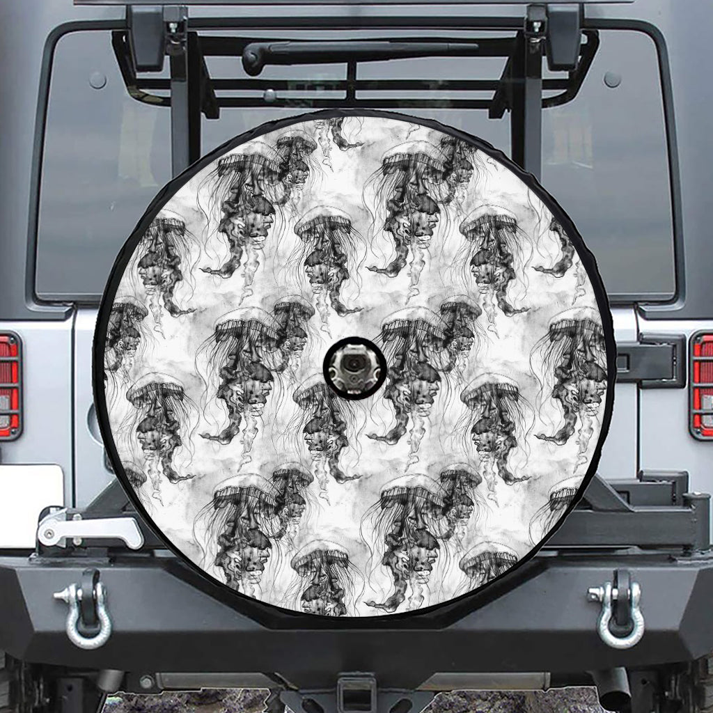 Black And White Jellyfish Pattern Print Tire Cover With Camera Hole
