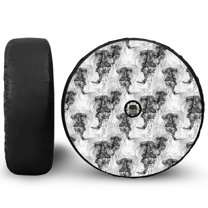 Black And White Jellyfish Pattern Print Tire Cover With Camera Hole