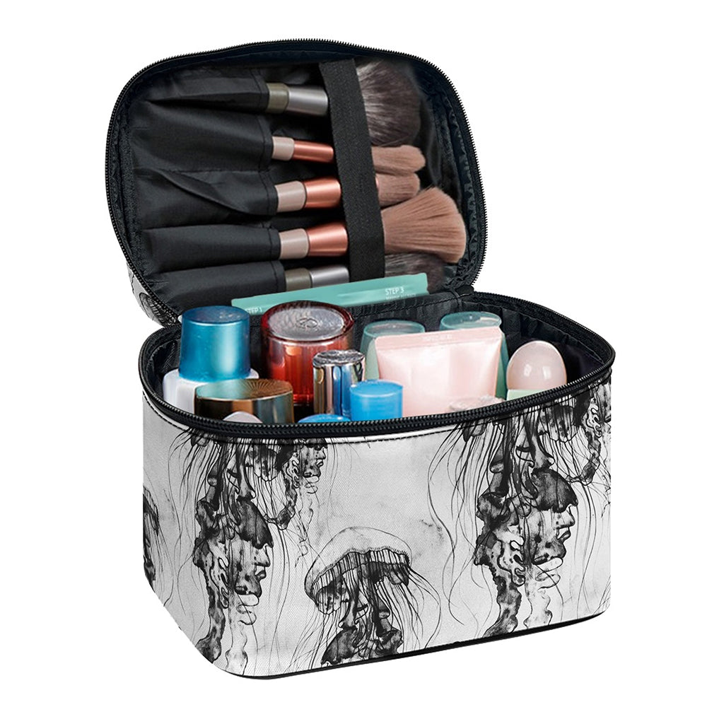 Black And White Jellyfish Pattern Print Travel Makeup Bag