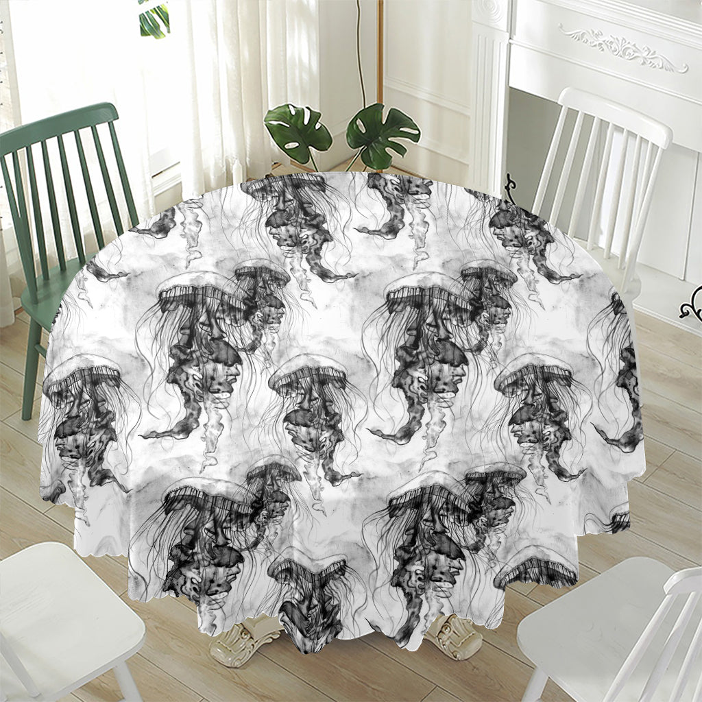 Black And White Jellyfish Pattern Print Waterproof Round Tablecloth