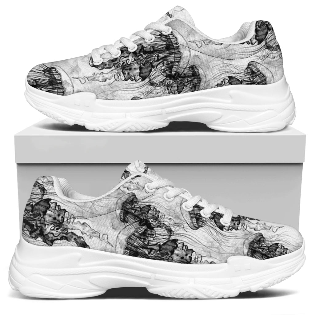 Black And White Jellyfish Pattern Print White Chunky Shoes