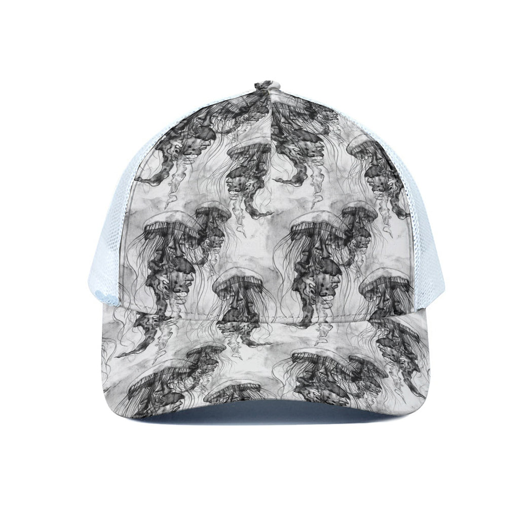 Black And White Jellyfish Pattern Print White Mesh Trucker Cap