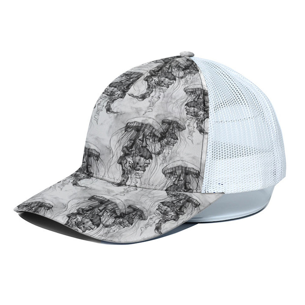 Black And White Jellyfish Pattern Print White Mesh Trucker Cap
