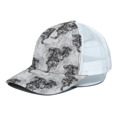 Black And White Jellyfish Pattern Print White Mesh Trucker Cap