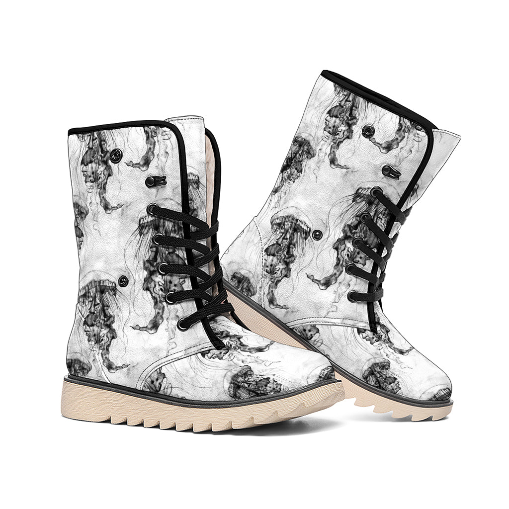 Black And White Jellyfish Pattern Print Winter Boots