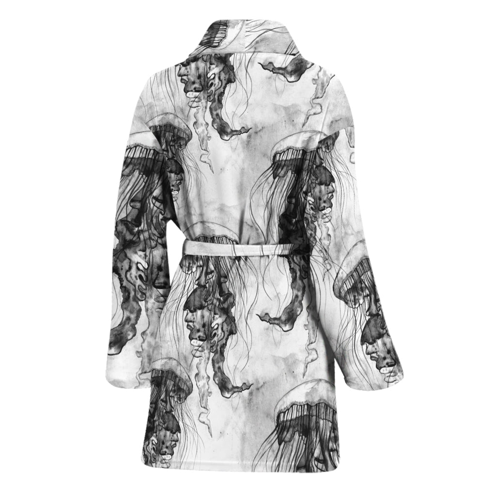 Black And White Jellyfish Pattern Print Women's Bathrobe