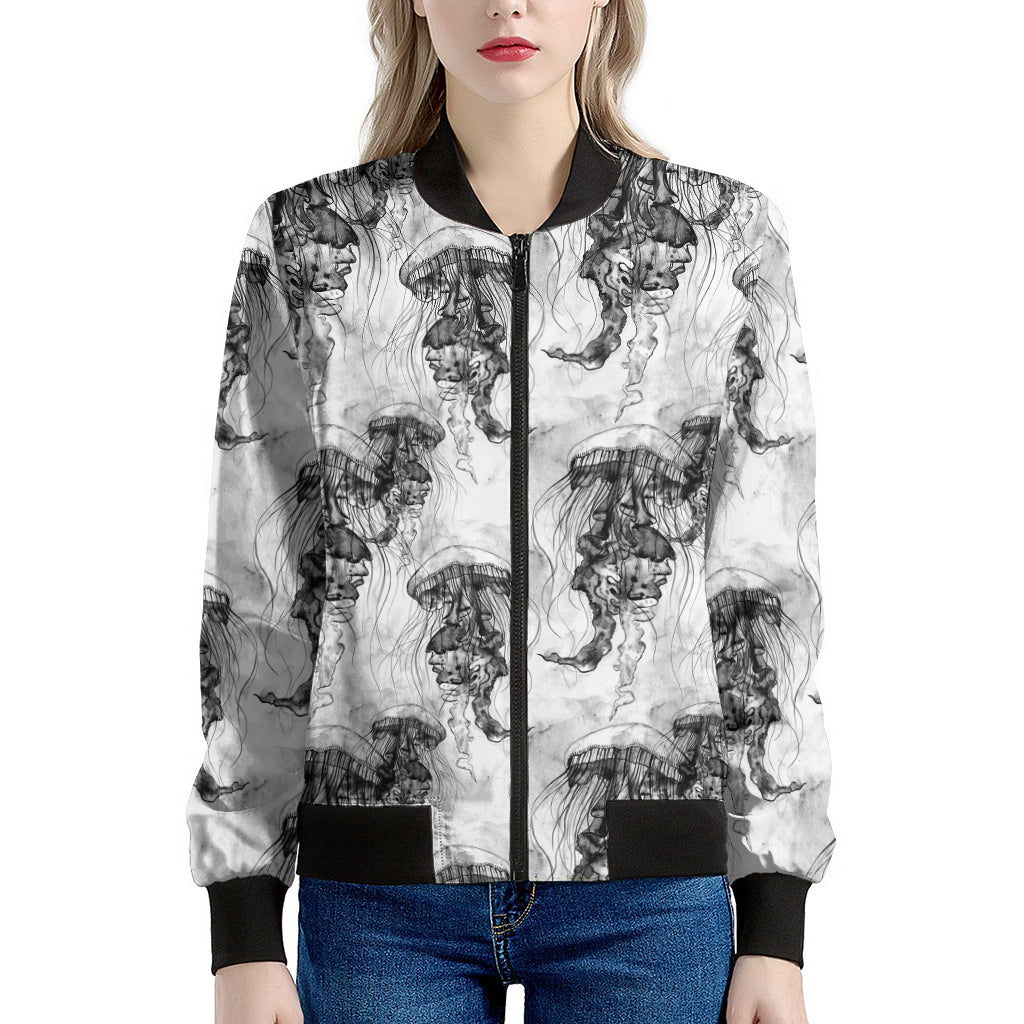 Black And White Jellyfish Pattern Print Women's Bomber Jacket