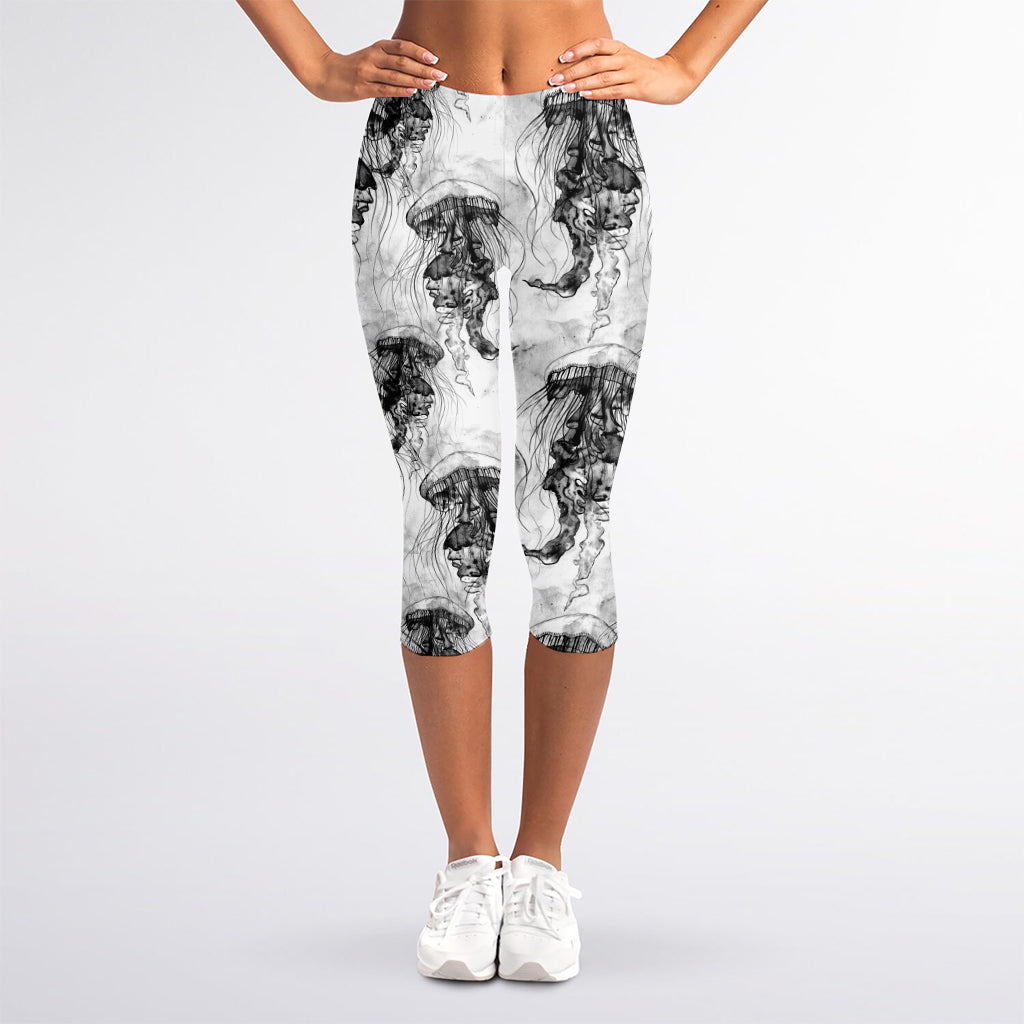 Black And White Jellyfish Pattern Print Women's Capri Leggings