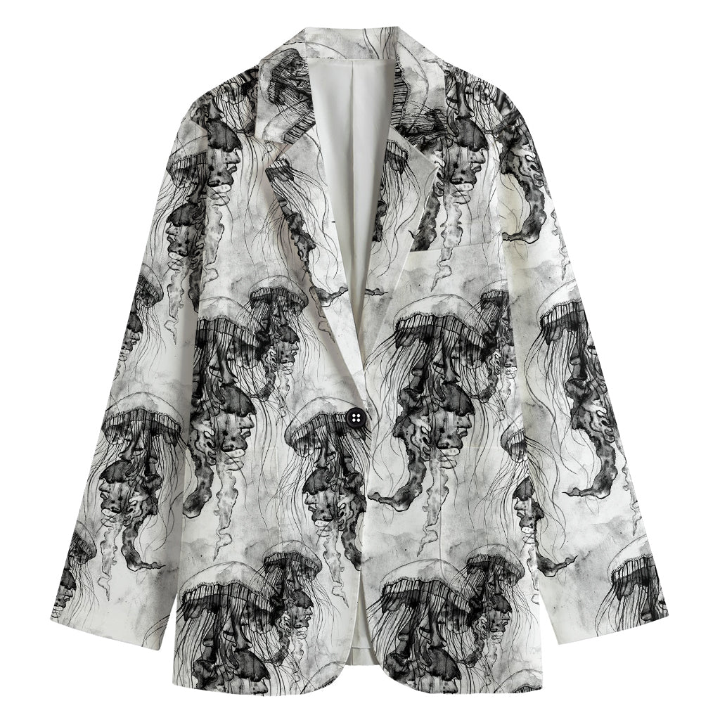 Black And White Jellyfish Pattern Print Women's Cotton Blazer