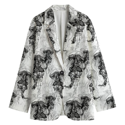 Black And White Jellyfish Pattern Print Women's Cotton Blazer