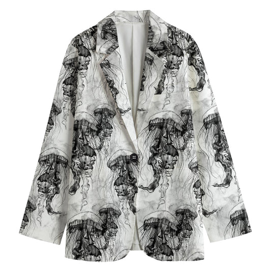 Black And White Jellyfish Pattern Print Women's Cotton Blazer