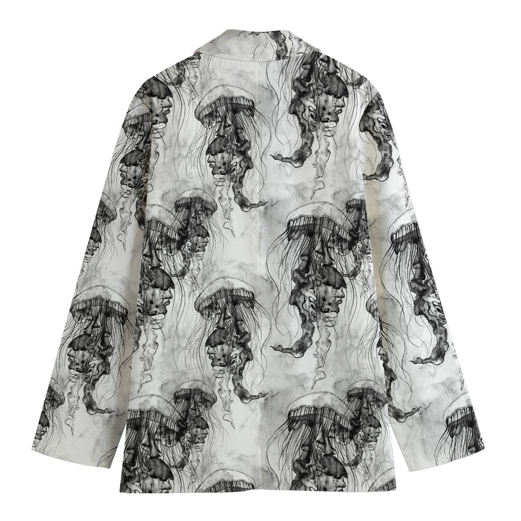 Black And White Jellyfish Pattern Print Women's Cotton Blazer