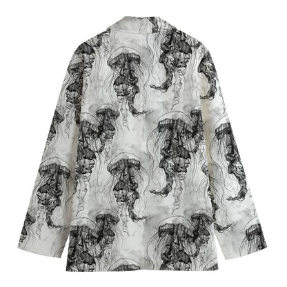 Black And White Jellyfish Pattern Print Women's Cotton Blazer