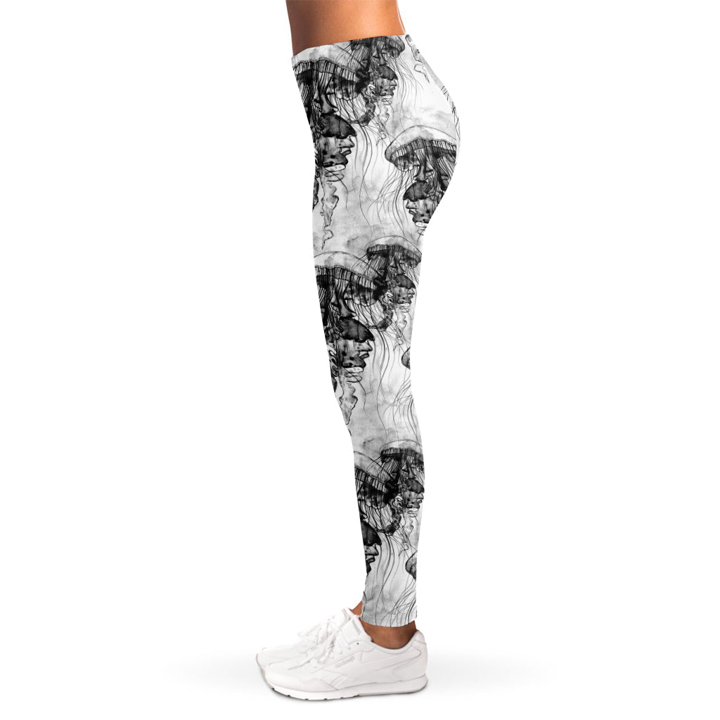 Black And White Jellyfish Pattern Print Women's Leggings