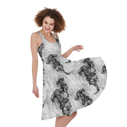 Black And White Jellyfish Pattern Print Women's Sleeveless Dress