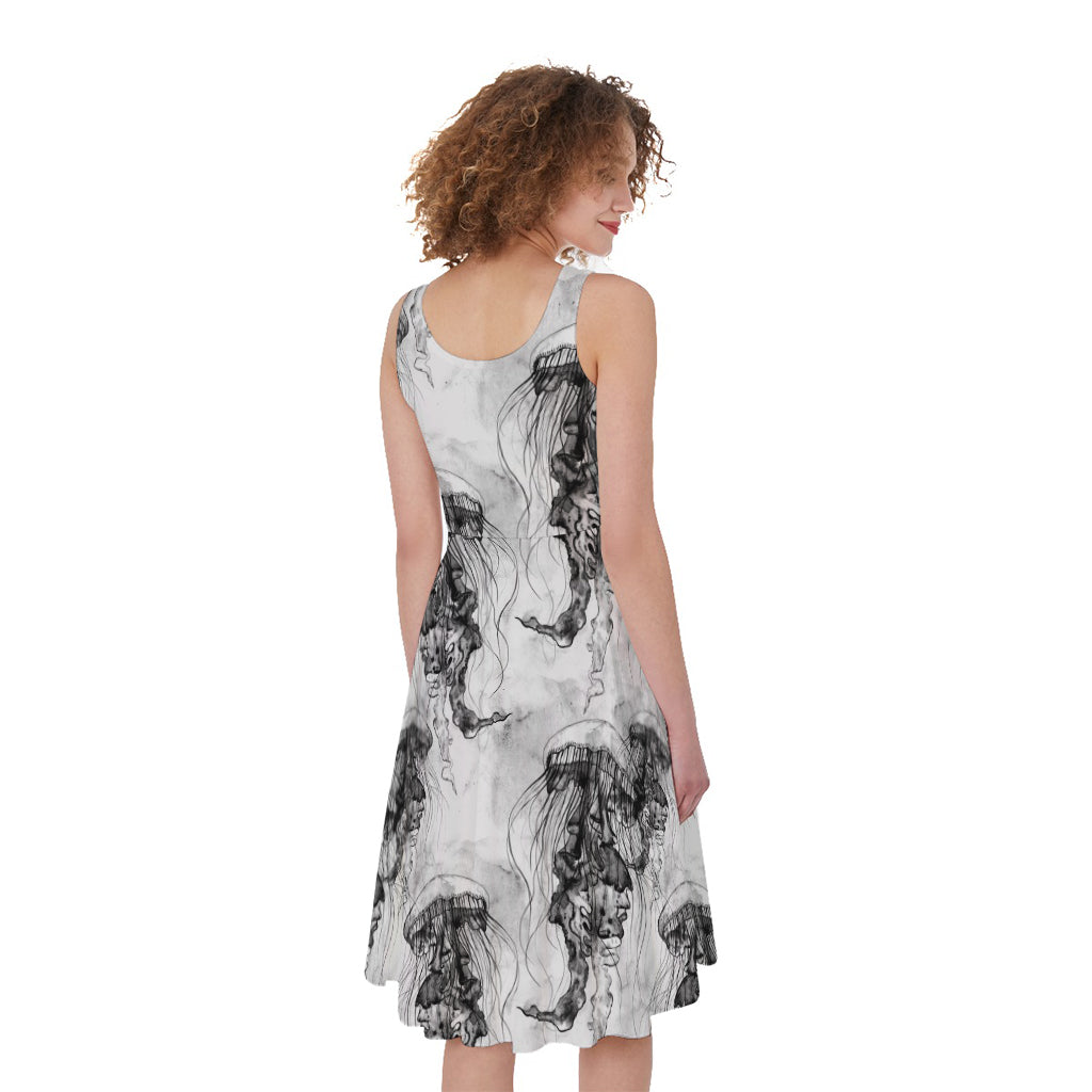 Black And White Jellyfish Pattern Print Women's Sleeveless Dress