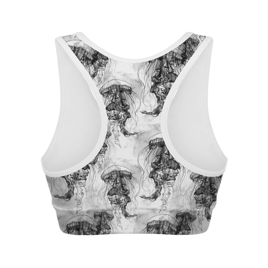 Black And White Jellyfish Pattern Print Women's Sports Bra