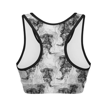 Black And White Jellyfish Pattern Print Women's Sports Bra