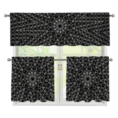 Black And White Kaleidoscope Print 3 Piece Kitchen Curtains