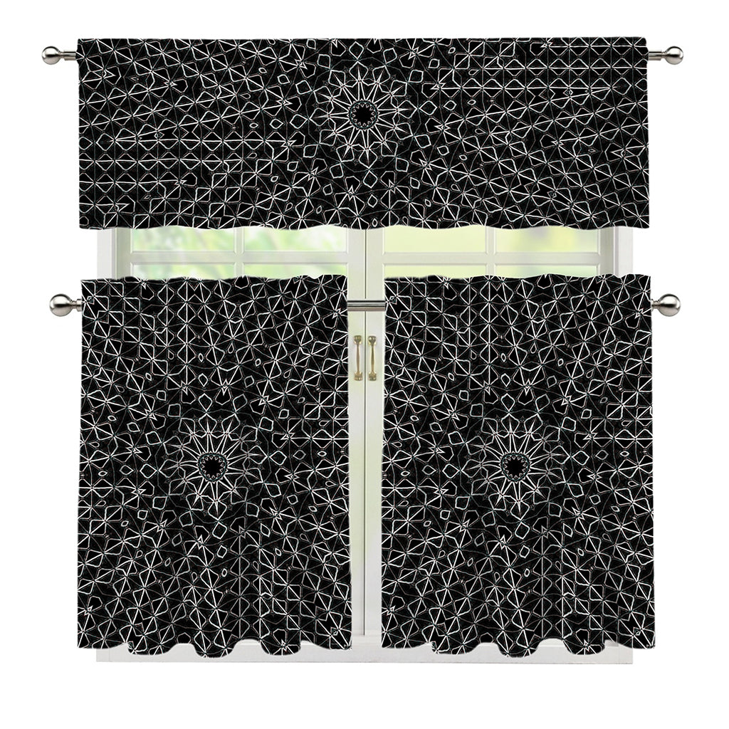 Black And White Kaleidoscope Print 3 Piece Kitchen Curtains