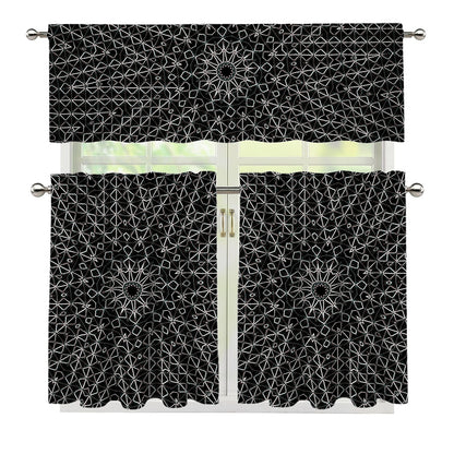 Black And White Kaleidoscope Print 3 Piece Kitchen Curtains