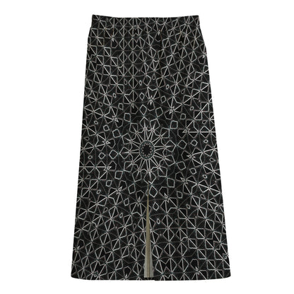 Black And White Kaleidoscope Print Cotton Front Slit Maxi Skirt
