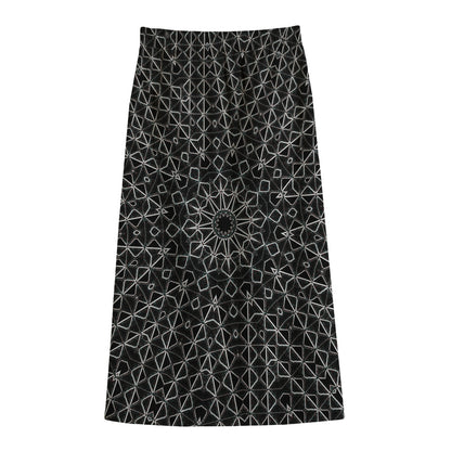 Black And White Kaleidoscope Print Cotton Front Slit Maxi Skirt