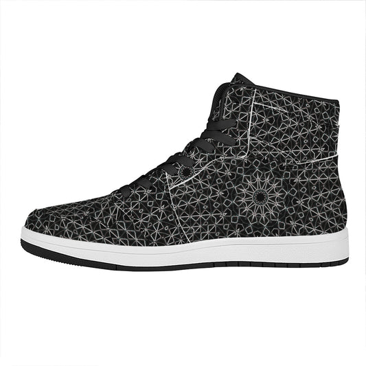 Black And White Kaleidoscope Print High Top Leather Sneakers