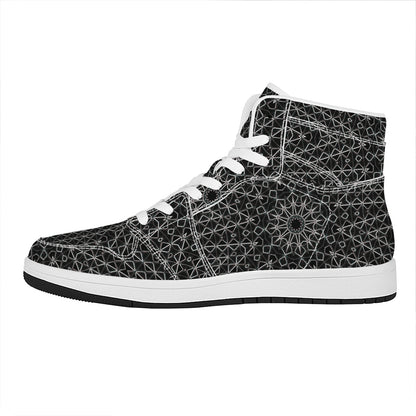 Black And White Kaleidoscope Print High Top Leather Sneakers
