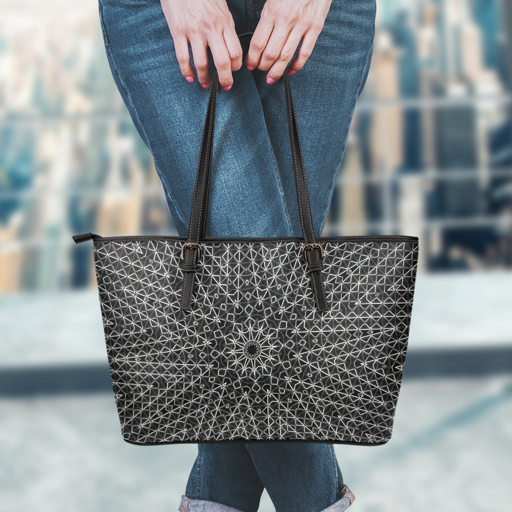 Black And White Kaleidoscope Print Leather Tote Bag