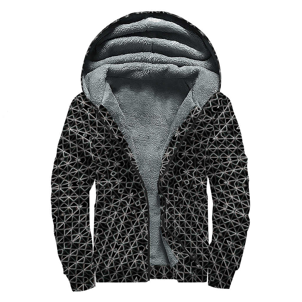 Black And White Kaleidoscope Print Sherpa Lined Zip Up Hoodie