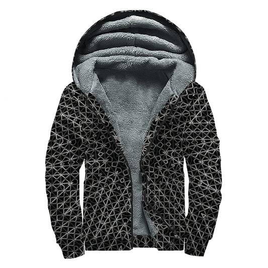 Black And White Kaleidoscope Print Sherpa Lined Zip Up Hoodie
