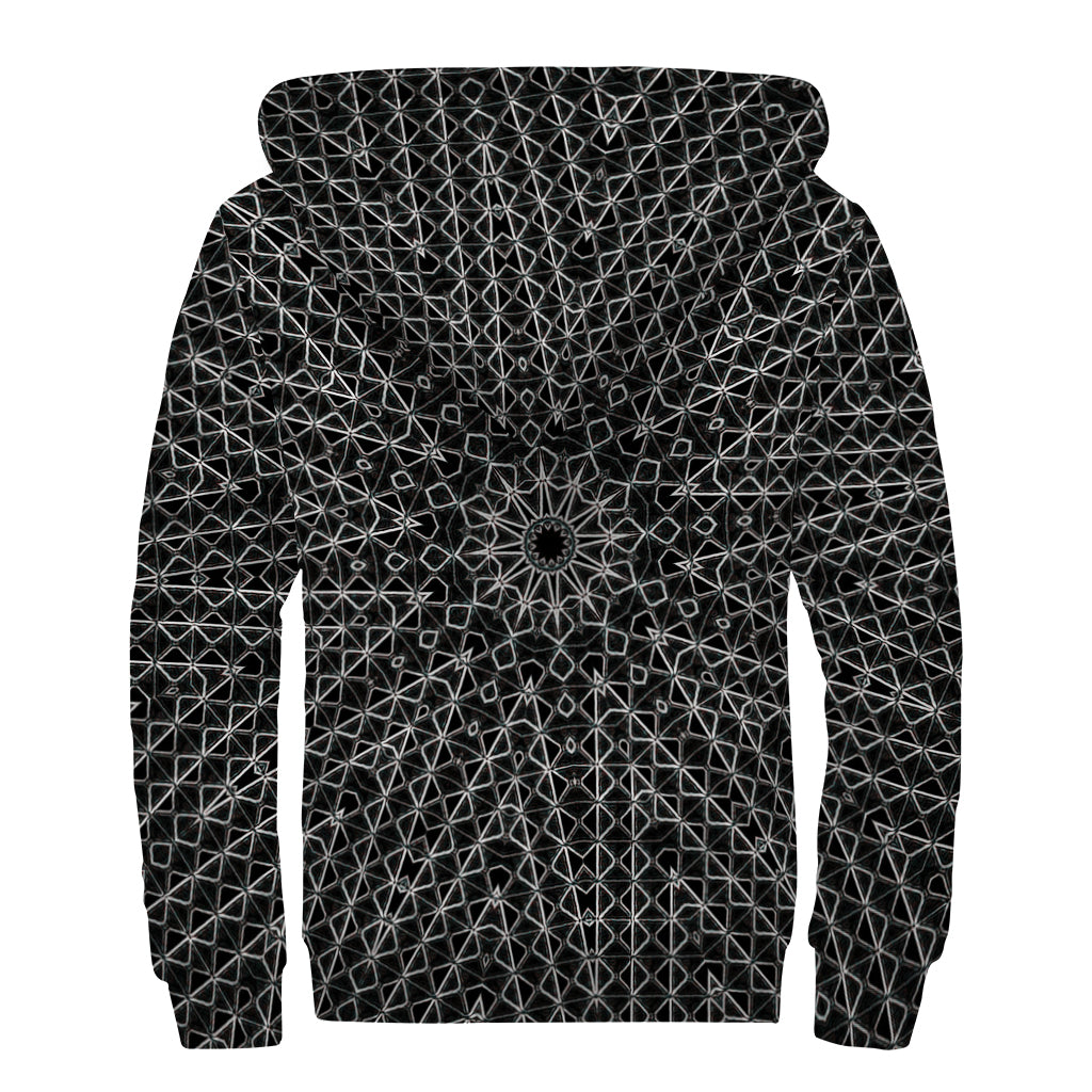 Black And White Kaleidoscope Print Sherpa Lined Zip Up Hoodie