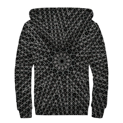 Black And White Kaleidoscope Print Sherpa Lined Zip Up Hoodie